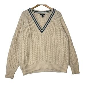 AQUA Cream Blue Vneck Varisty Wool Blend Sweater Preppy Gossip Girl College sz L